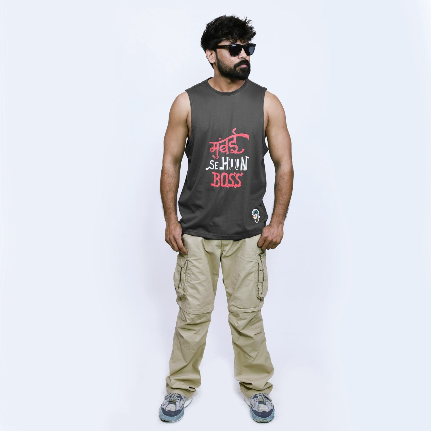 Men's Charcoal Black Graphic Printed Sando