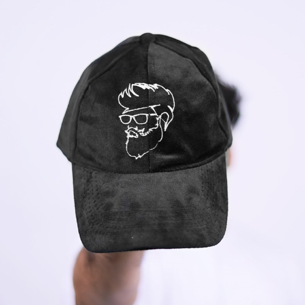 Black Suede Baseball Cap with Embroidered Design