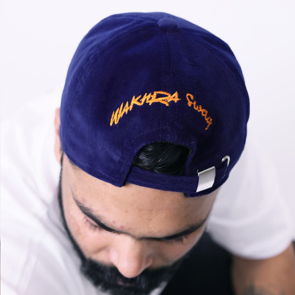 Blue Suede Baseball Cap with Embroidered Design