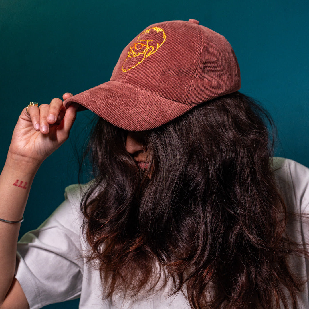 Brown Corduroy Baseball Cap with Embroidered Design