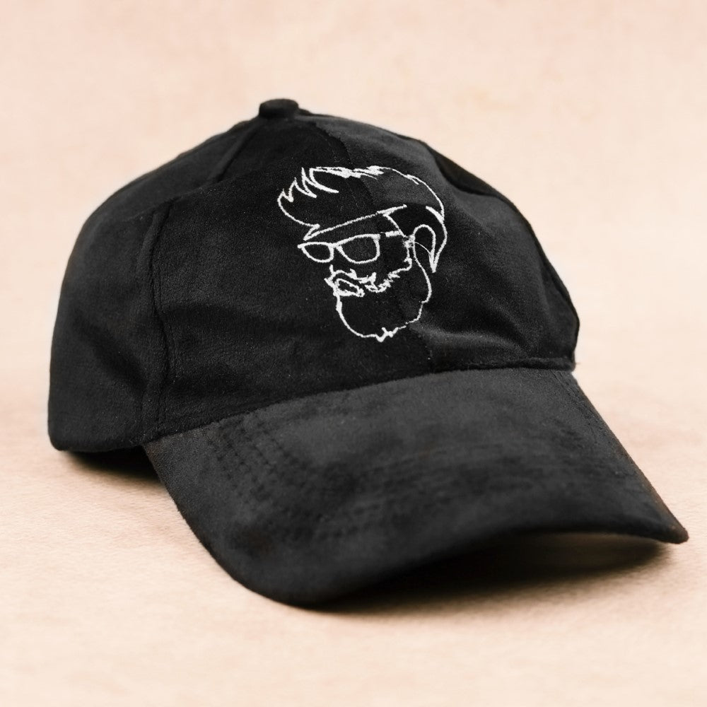 Black Suede Baseball Cap with Embroidered Design