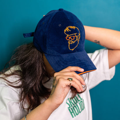 Blue Suede Baseball Cap with Embroidered Design